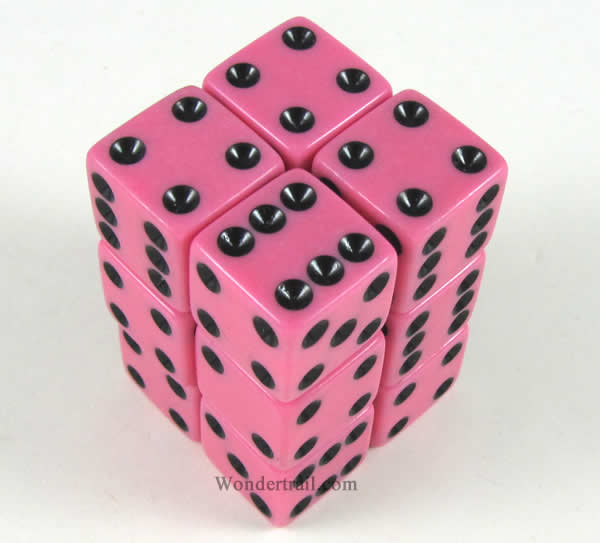 KOP12667 Pink Opaque Dice with Black Pips D6 16mm (5/8in) Pack of 12 Main Image