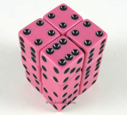 KOP12667 Pink Opaque Dice with Black Pips D6 16mm (5/8in) Pack of 12 Main Image