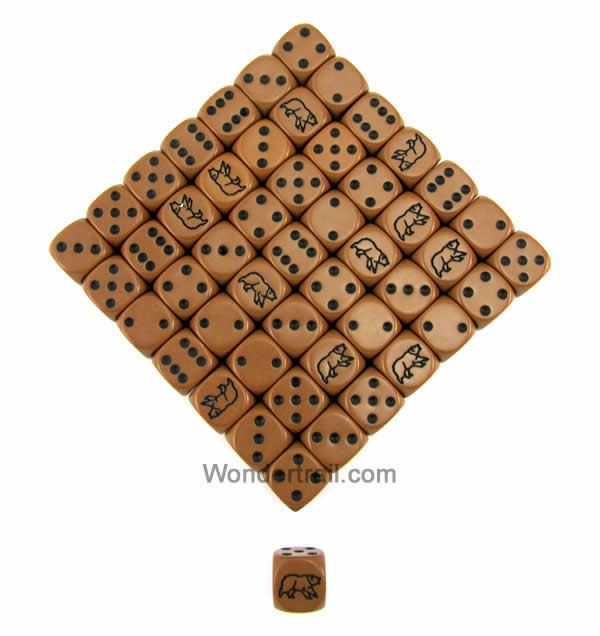 KOP12852 Brown Bear Dice with Black Pips D6 16mm (5/8in) Bulk Pack of 50 Koplow Games Main Image