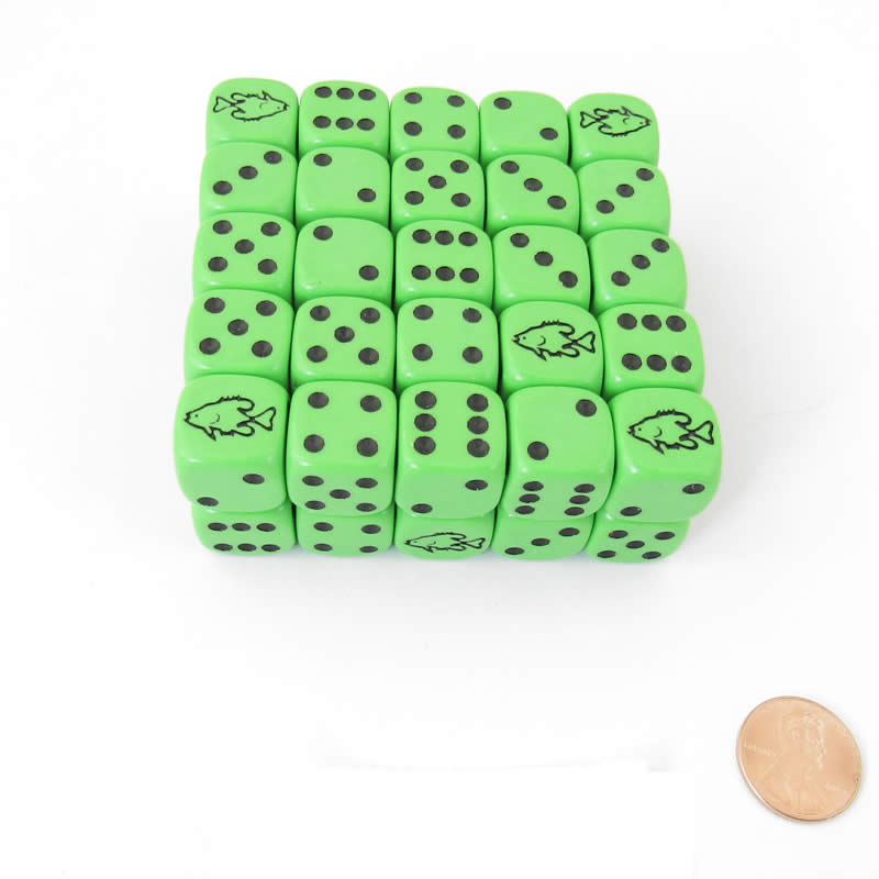 KOP12861 Green Fish Dice with Black Pips D6 16mm (5/8in) Bulk Pack of 50 Main Image