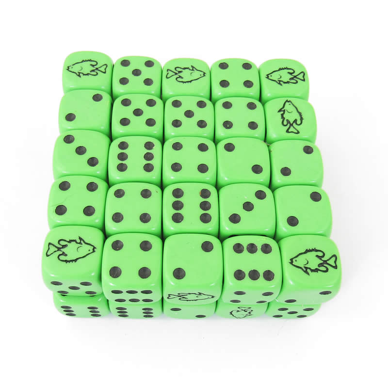 KOP12861 Green Fish Dice with Black Pips D6 16mm (5/8in) Bulk Pack of 50 2nd Image