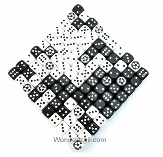 KOP13291 Soccer Dice D6 White and Black Opaque 18mm (23/32in) Set of 100 Dice Koplow Games Main Image