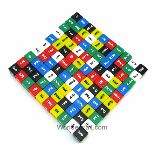 KOP13341 Word Number Dice In 6 Colors D6 16mm (5/8in) Set of 100 Dice Koplow Games Main Image