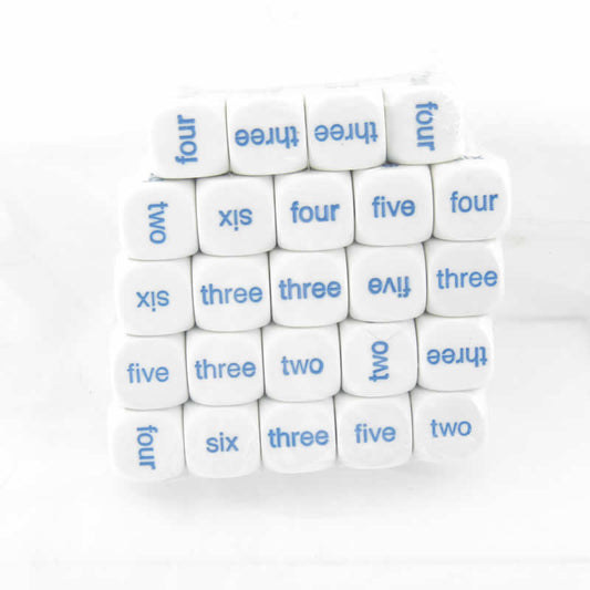 KOP14513 White Dice Blue 1 - 6 Word Numbers D6 20mm (25/32 inch) Pack of 40 Koplow Main Image