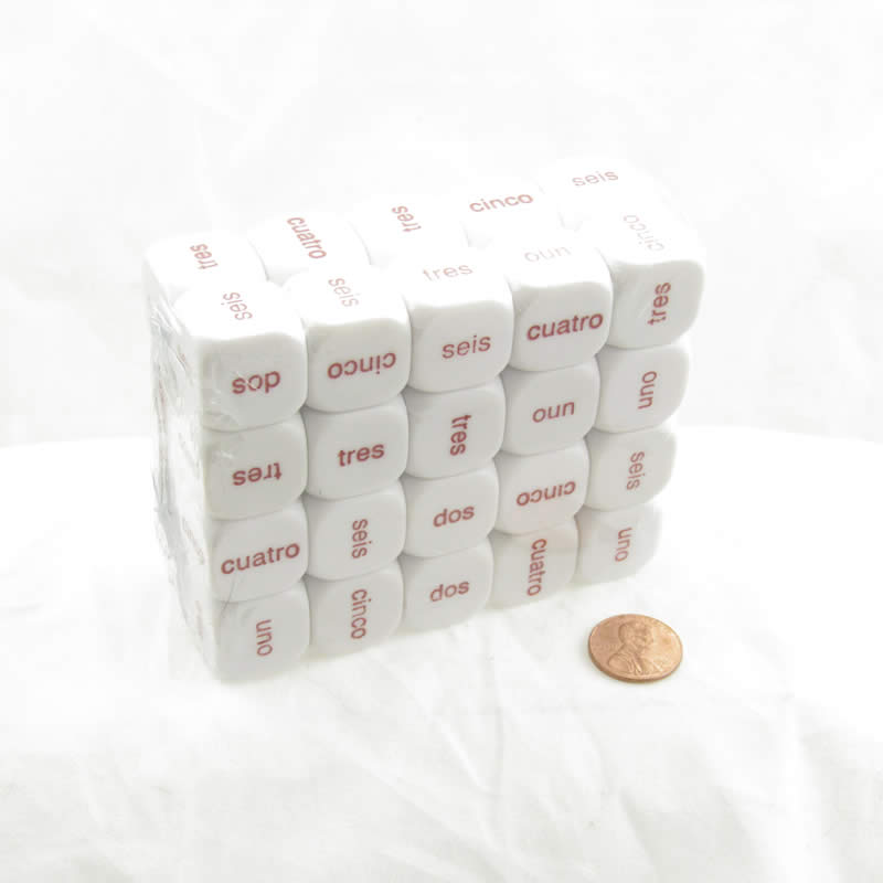 KOP14515 Spanish Word Numbers 1 - 6 White Dice D6 Red Words 20mm (25/32 inch) Pack of 40 Koplow Main Image