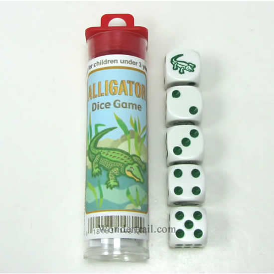 KOP14812 Alligator Dice Game White Opaque Dice Green Pips D6 16mm Main Image