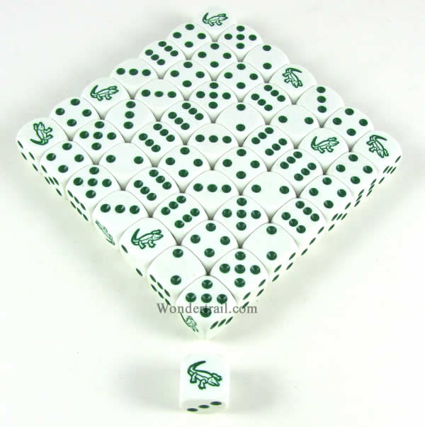 KOP15534 Alligator Dice White Opaque with Green Pips D6 16mm (5/8in) Bulk Pack of 50 Koplow Games Main Image