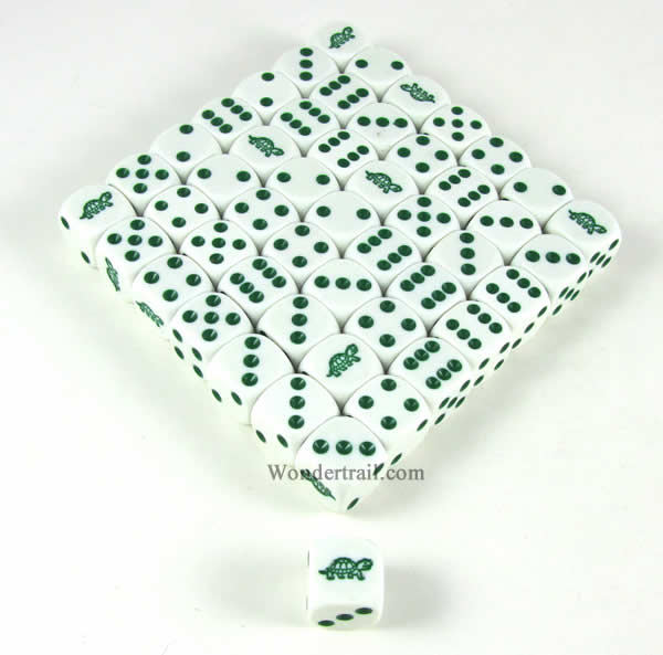 KOP15540 Turtle Dice White Opaque with Green Pips D6 16mm (5/8in) Bulk Pack of 50 Koplow Games Main Image