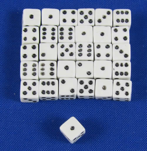 KOP16492 White Opaque Dice with Black Pips D6 5mm (13/64in) Pack of 30 Koplow Games Main Image