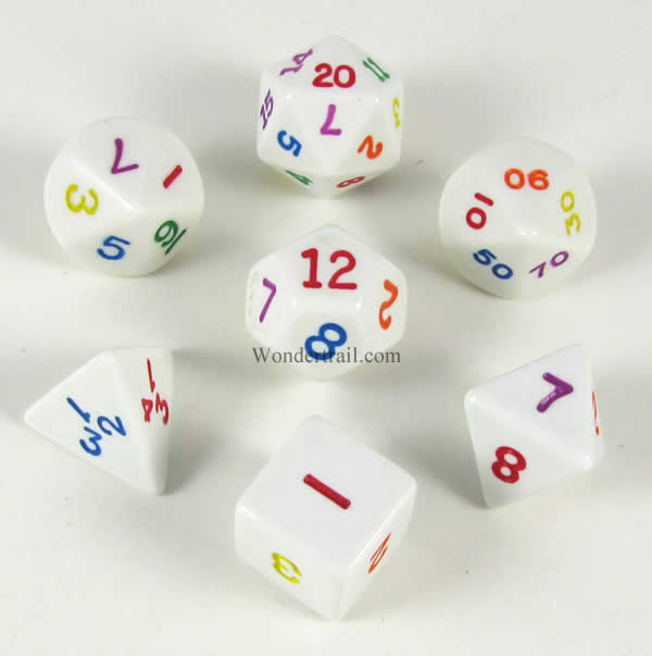 KOP16790 Rainbow Dice White Opaque Dice Multi-Colored Numbers 16mm Set of 7 Main Image