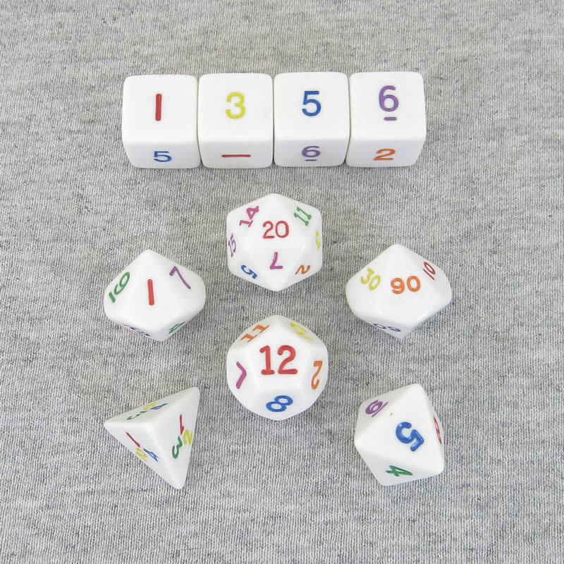 KOP16791 Rainbow Dice White Opaque Dice with Multi-Colored Numbers 16mm (5/8in) Set of 10 Koplow Games Main Image