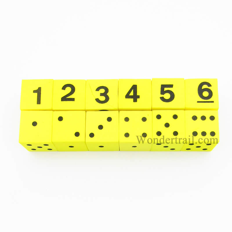 KOP17338 Yellow Foam Dice Black Dots and Numbers D6 16mm Pack of 12 Main Image