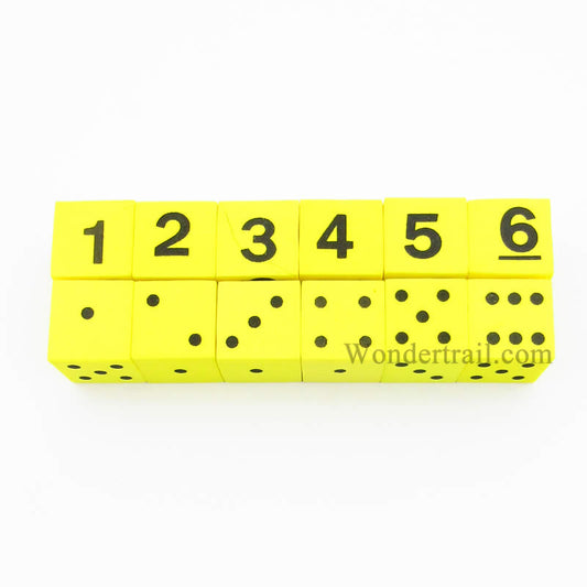KOP17338 Yellow Foam Dice Black Dots and Numbers D6 16mm Pack of 12 Main Image