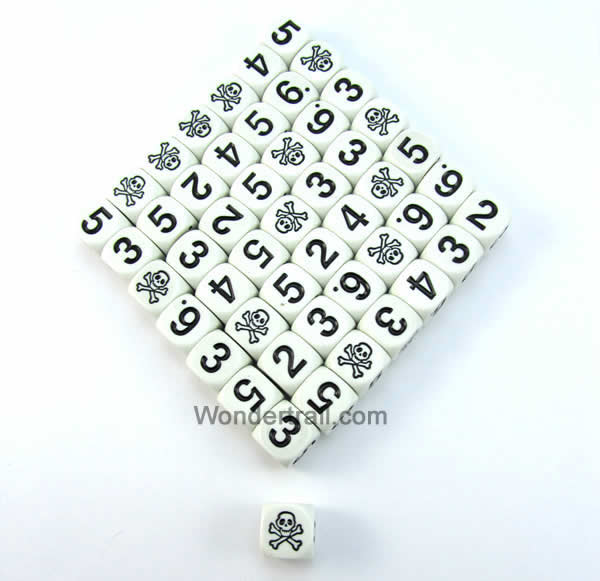 KOP17705E50 Skull and Cross Bones Dice White with Black Large Numbers D6 15.8mm (5/8in) Pack of 50 Koplow Games Main Image