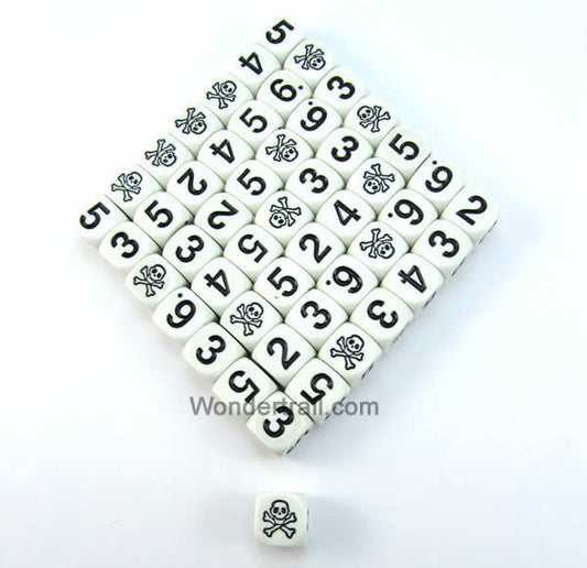 KOP17705E50 Skull and Cross Bones Dice White with Black Large Numbers D6 15.8mm (5/8in) Pack of 50 Koplow Games Main Image