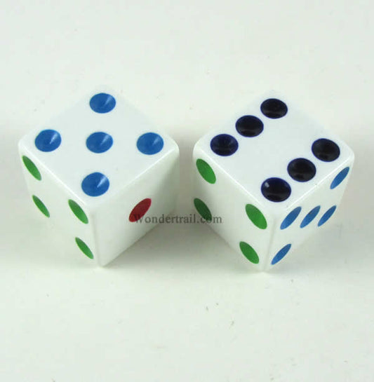 KOP17815 White Opaque Dice Different Colored Pips D6 25mm (1in) Pack of 2 Main Image