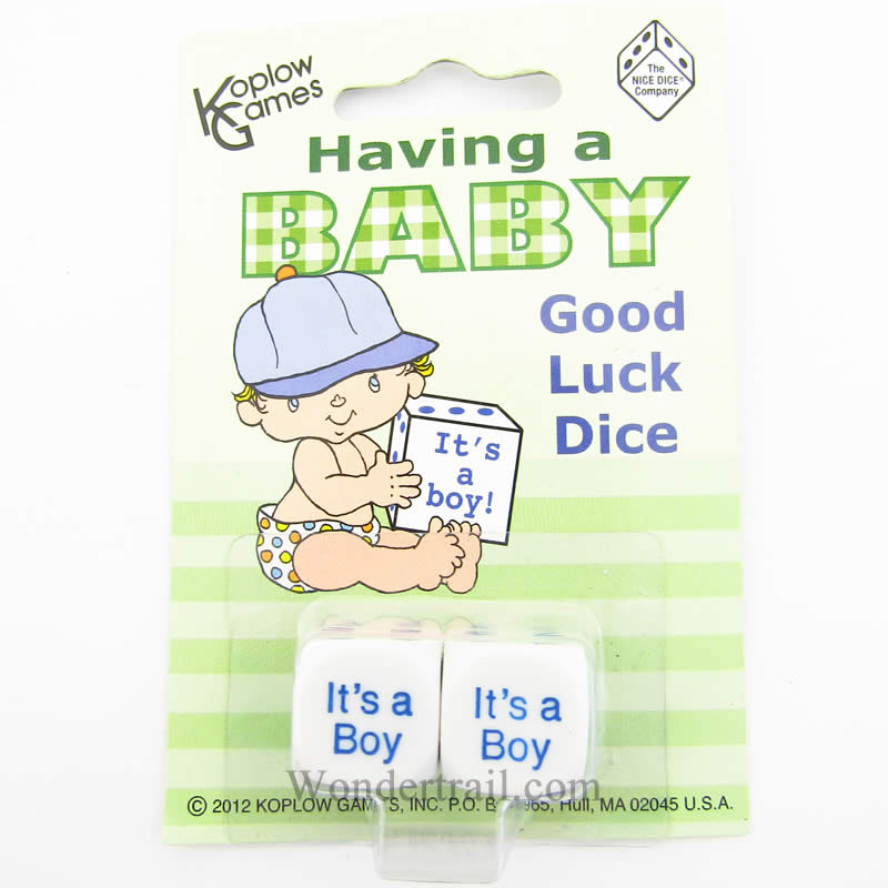 KOP17962 It is a Baby Boy Dice White with Blue Pips D6 16mm (5/8in) Set of 2 Main Image