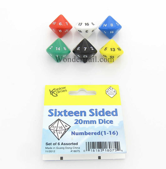 KOP18075 Assorted Color Dice D16 Colored Numbers 1-16 20mm Pack of 6 Main Image