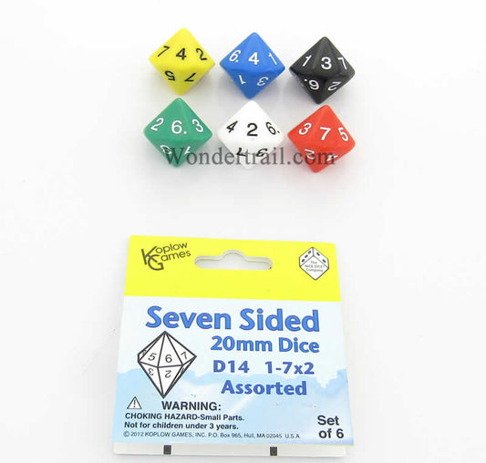 KOP18078 Assorted Color Dice D14 Colored Numbers 1-7 Twice 20mm Pack of 6 Main Image