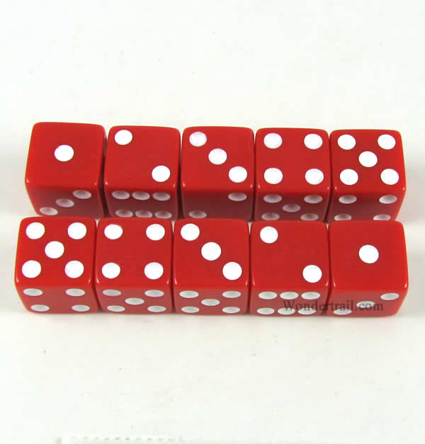 KOP18324 Red Opaque Dice with White Pips D6 16mm (5/8) Set of 10 Main Image