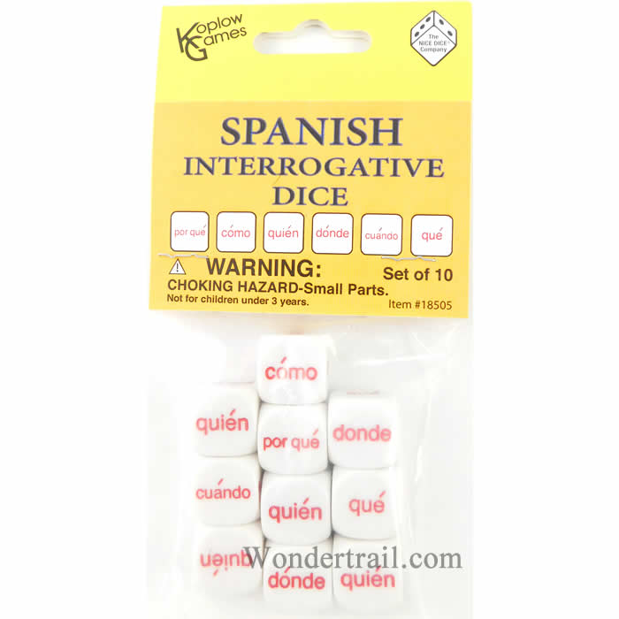 KOP18505 Spanish Interrogative White Dice Red Words D6 16mm Pack of 10 Main Image