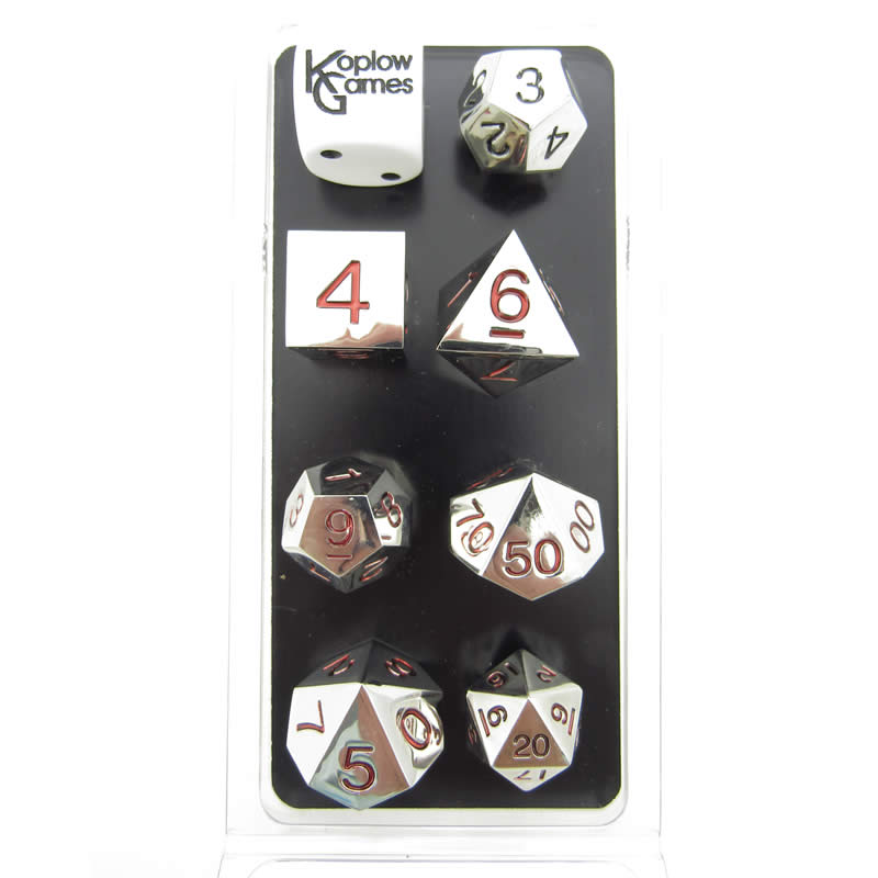 KOP18741 Metal Polyhedral Dice Silver with Red Numbers 20mm Set of 7 Main Image