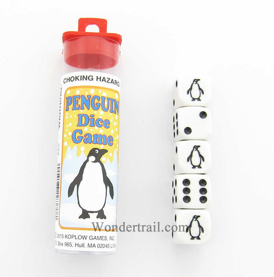 KOP18777 Penguin Dice Game White Opaque Dice with Black Pips D6 16mm Main Image