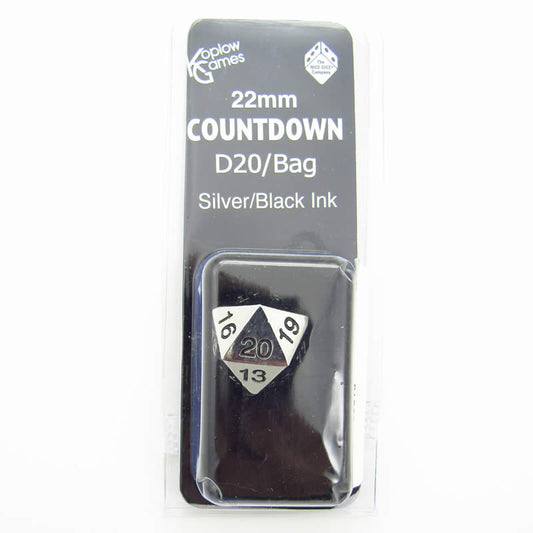 KOP18857 Metal Die Silver with Black Numbers Countdown D20 22mm 1 Die with Dice Bag Main Image