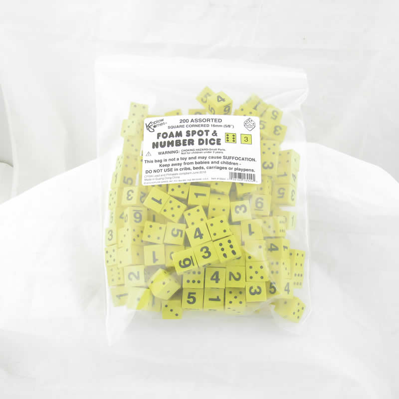 KOP18924 Yellow Math Foam Dice Spots and Numbers D6 16mm (5/8in) Pack of 200 2nd Image