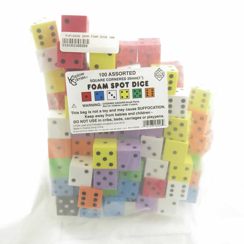 KOP18926 Assorted Opaque Foam Dice Dots D6 25mm Bulk Pack of 100 2nd Image