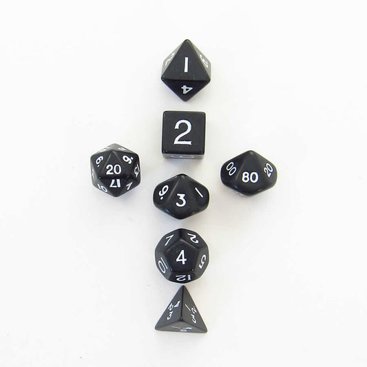 KOP18982 Black Opaque Mini Dice With White Numbers 10mm (3/8in) Set of 7 Main Image