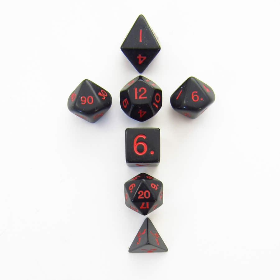 KOP18983 Black Opaque Mini Dice With Red Numbers 10mm (3/8in) Set of 7 Main Image