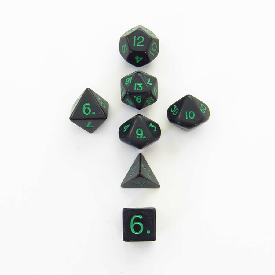 KOP18984 Black Opaque Mini Dice With Green Numbers 10mm (3/8in) Set of 7 Main Image