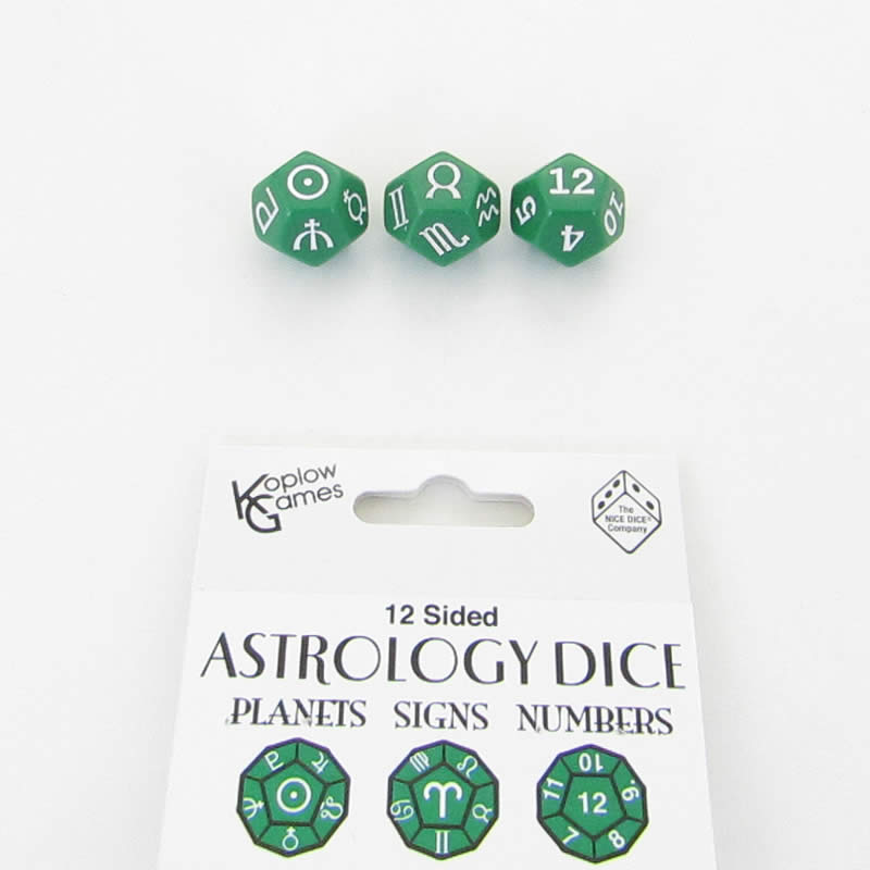 KOP19072 Green Astrology Dice Planets and Signs and Numbers Pack of 3 Main Image