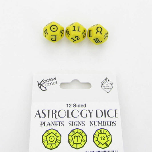 KOP19074 Yellow Astrology Dice Planets and Signs and Numbers Pack of 3 Main Image