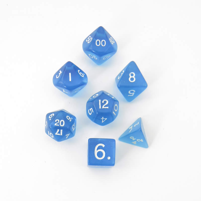 KOP19186 Blue Transparent Mini Dice With White Numbers 10mm (3/8in) Set of 7 Main Image