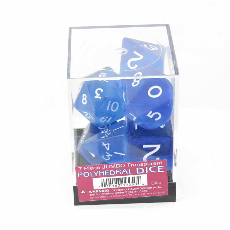 KOP19250 Blue Jumbo Transparent Dice with White Numbers 24mm (15/16in) Set of 7 Koplow Games Main Image