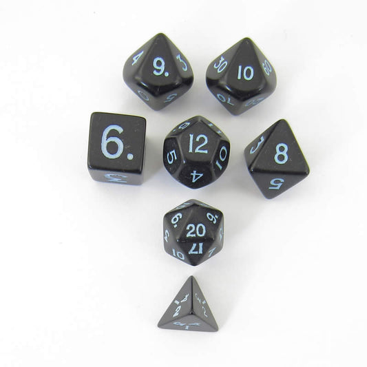 KOP19309 Black Mini Dice With Blue Numbers 10mm (3/8in) Set of 7 Koplow Main Image