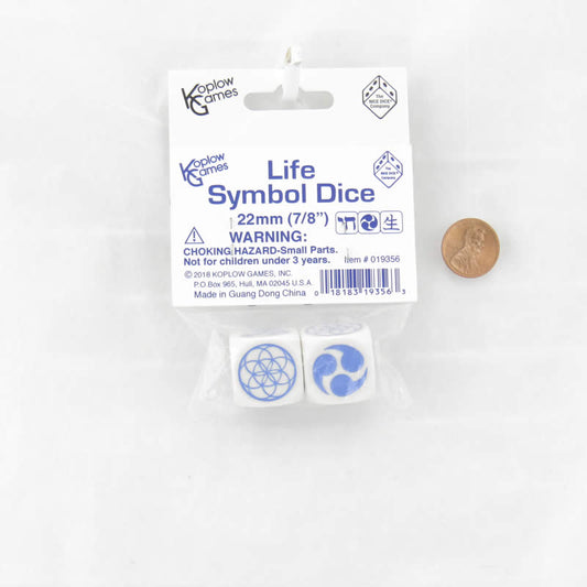 KOP19356 White Opaque Dice with Blue Life Symbols D6 22mm (7/8 inch) Set of 2 Main Image