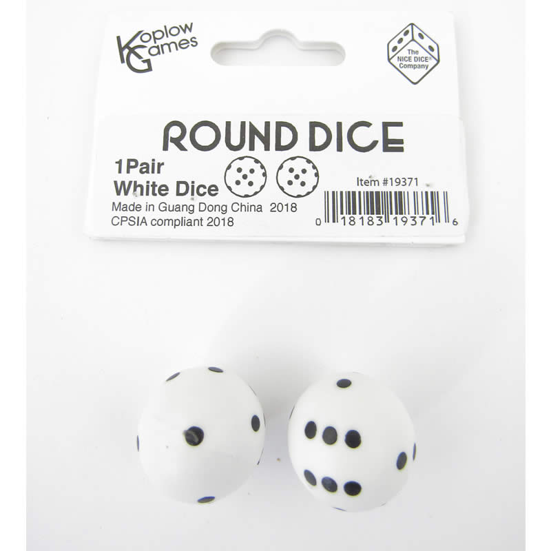 KOP19371 White Round Dice with Black Pips D6 22mm (7/8in) Pack of 2 2nd Image
