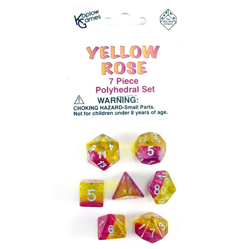 KOP19414 Yellow Rose Layered Dice Silver Colored Numbers 16mm Set of 7 Main Image