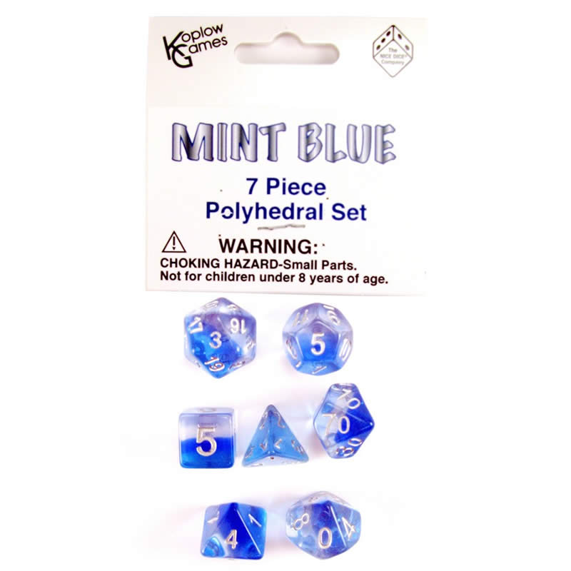 KOP19415 Mint Blue Layered Dice Silver Colored Numbers 16mm Set of 7 Main Image