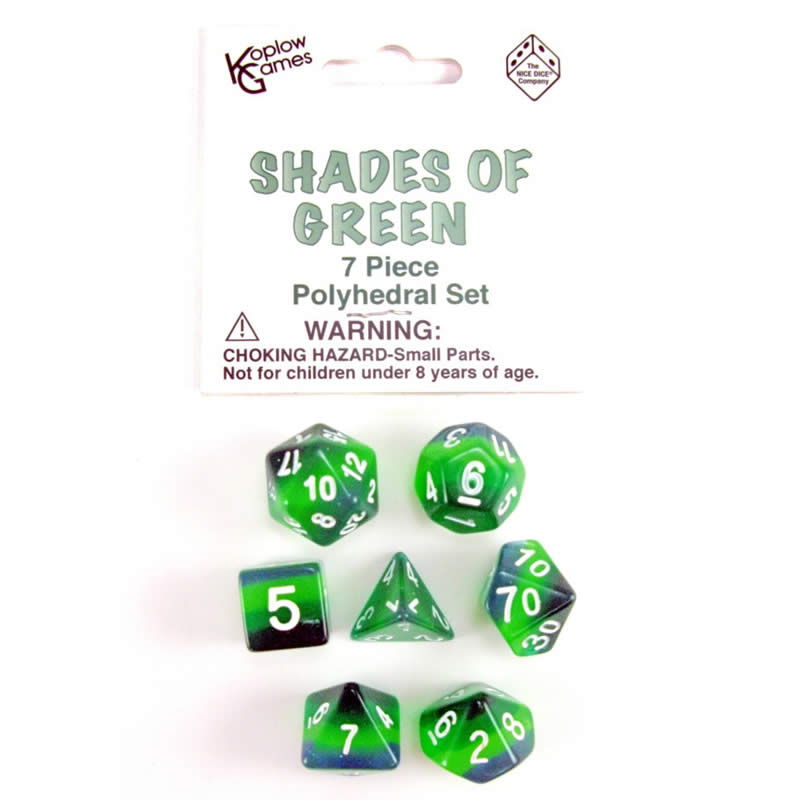 KOP19421 Shades of Green Layered Dice Gold Colored Numbers 16mm Set of 7 Main Image