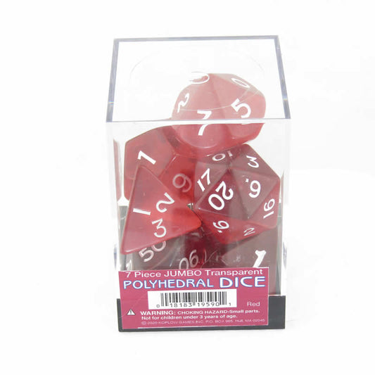 KOP19590 Red Jumbo Transparent Dice with White Numbers 24mm (15/16in) Set of 7 Main Image