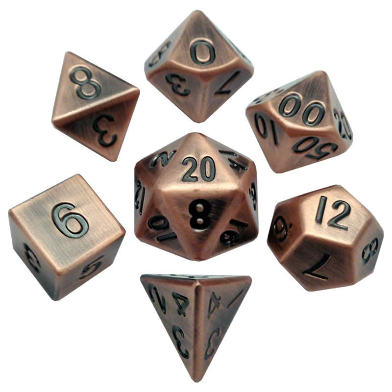 MET007 Antique Copper Color Solid Metal Dice 16mm (5/8in) 7-Dice Set Main Image