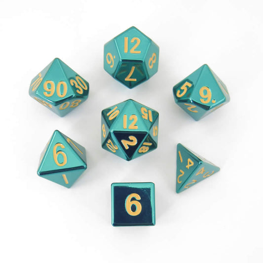 MET015 Turquoise Painted Metal Dice with Gold Numbers 16mm (5/8in) 7-Dice Set Metallic Dice Games Main Image