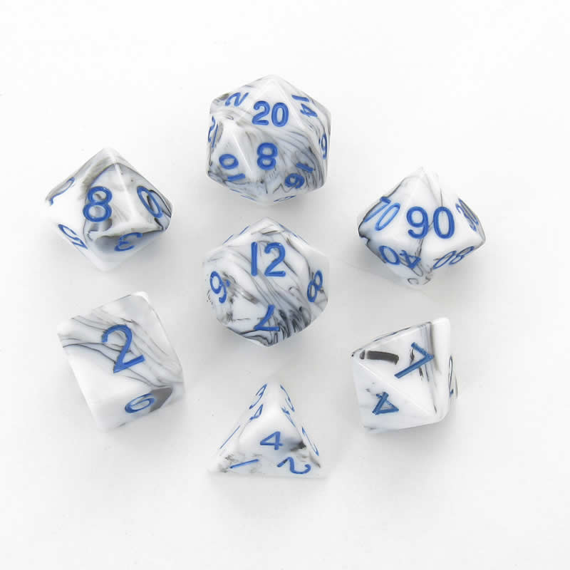 MET1032 Black White Marble Acrylic Dice Blue Numbers 16mm Set of 7 Main Image