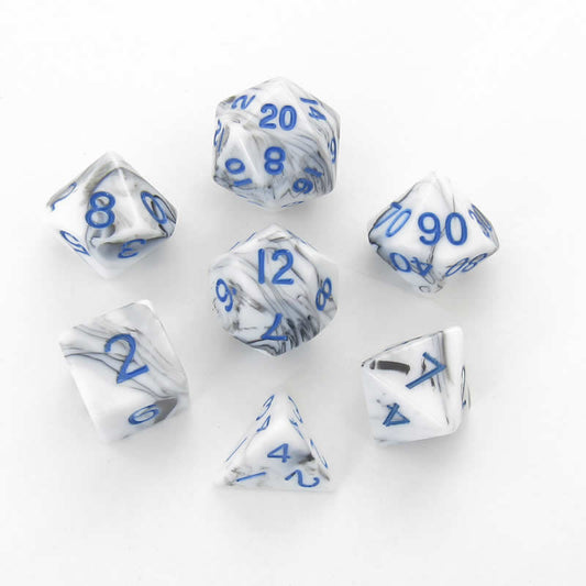 MET1032 Black White Marble Acrylic Dice Blue Numbers 16mm Set of 7 Main Image