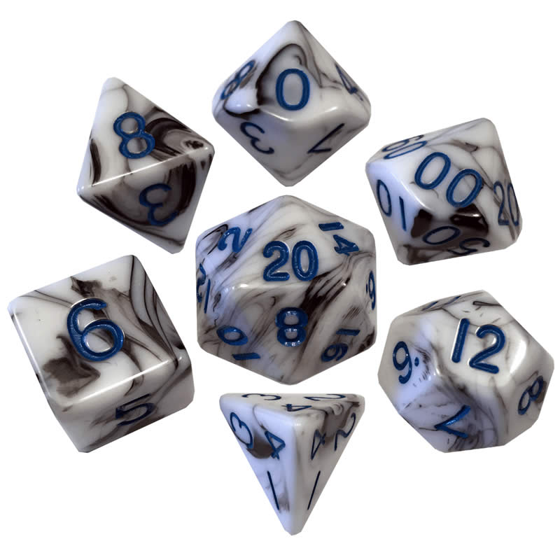 MET1032 Black White Marble Acrylic Dice Blue Numbers 16mm Set of 7 2nd Image