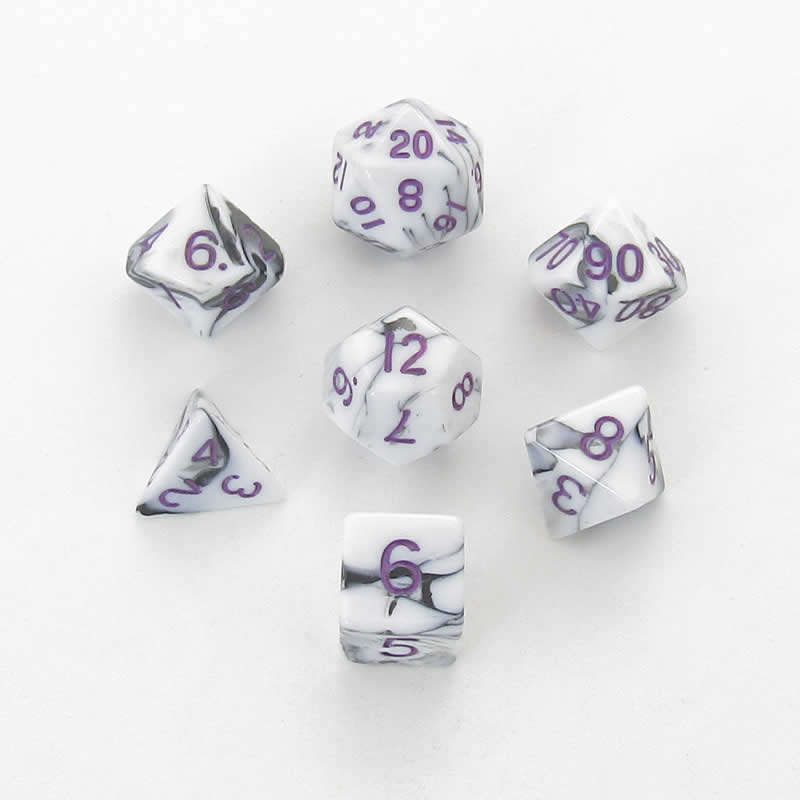 MET1037 Black White Marble Acrylic Dice Purple Numbers 16mm Set of 7 Main Image